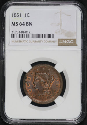 Obverse of this 1851 Braided Hair Cent NGC MS-64 BN