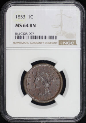 Obverse of this 1853 Braided Hair Cent NGC MS-64 BN