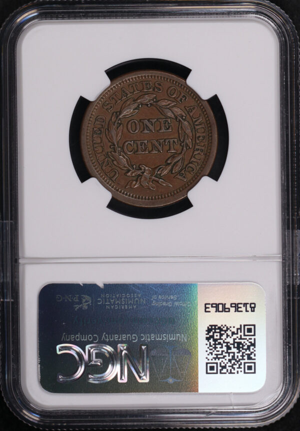 Reverse of this 1854 Braided Hair Cent NGC AU-55 BN