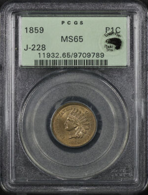 Obverse of this 1859 J-228 Indian Cent PCGS MS-65 Old Green Holder