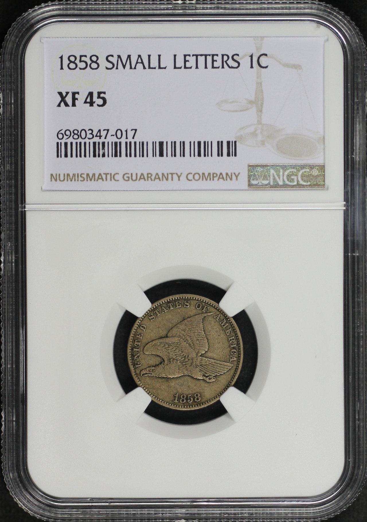 Obverse of this 1858 Flying Eagle Cent Small Letters NGC XF-45