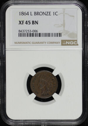 Obverse of this 1864 L Bronze Indian Cent on Ribbon NGC XF-45 BN