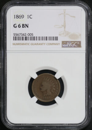 Obverse of this 1869 Indian Cent NGC G-6 BN – Large Die Break Reverse!
