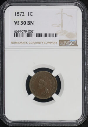Obverse of this 1872 Indian Cent NGC VF-30 BN