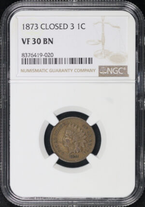 Obverse of this 1873 Closed 3 Indian Cent NGC VF-30 BN
