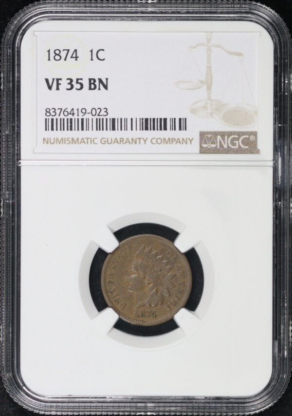 Obverse of this 1874 Indian Cent NGC VF-35 BN