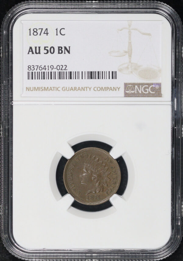 Obverse of this 1874 Indian Cent NGC AU-50 BN