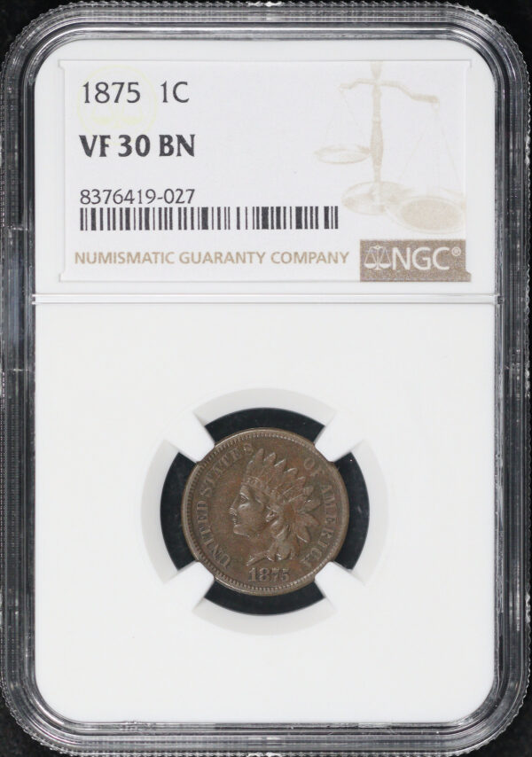 Obverse of this 1875 Indian Cent NGC VF-30 BN