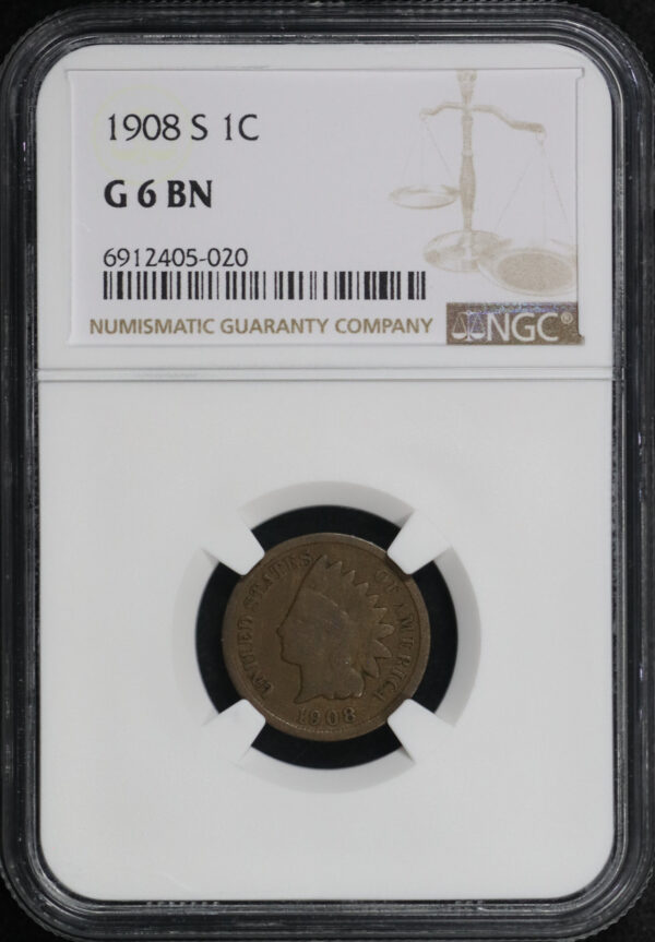 Obverse of this 1908-S Indian Cent NGC G-6 BN