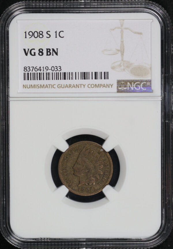 Obverse of this 1908-S Indian Cent NGC VG-8 BN