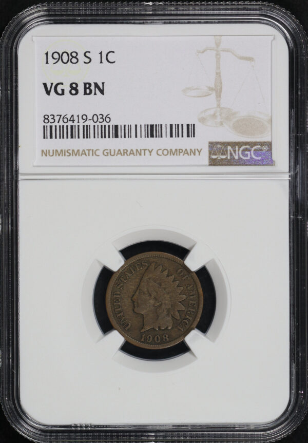 Obverse of this 1908-S Indian Cent NGC VG-8 BN