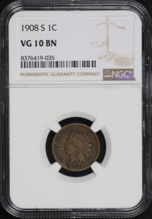 Obverse of this 1908-S Indian Cent NGC VG-10 BN