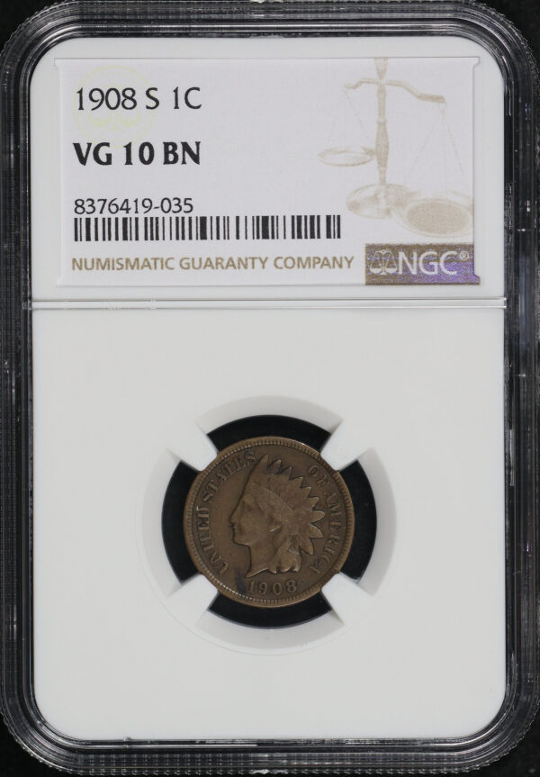 Obverse of this 1908-S Indian Cent NGC VG-10 BN