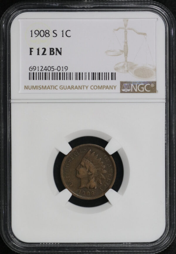Obverse of this 1908-S Indian Cent NGC F-12 BN