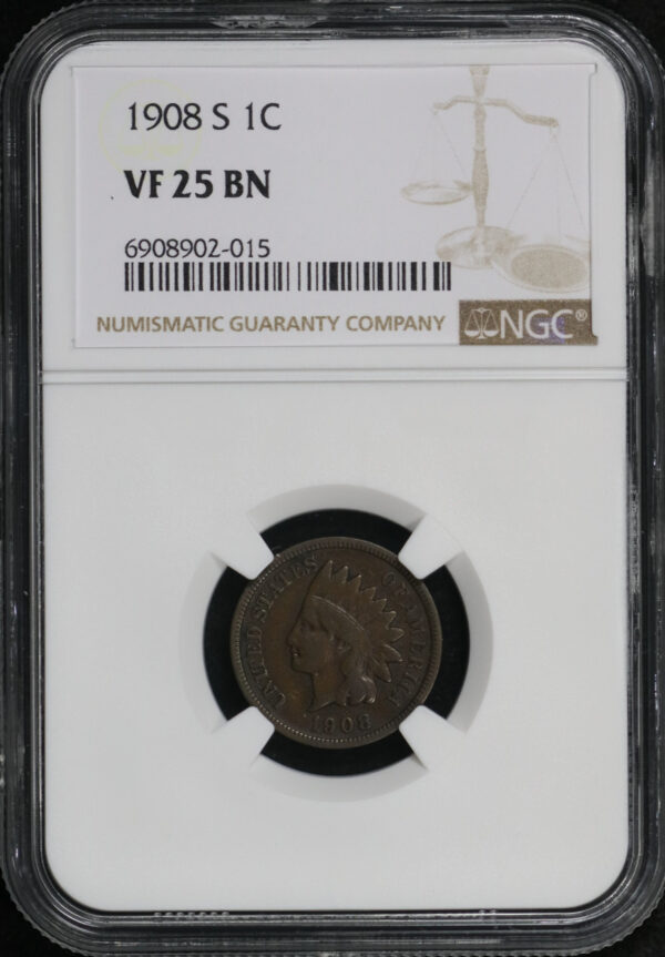 Obverse of this 1908-S Indian Cent NGC VF-25 BN