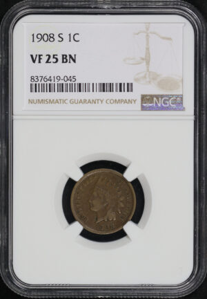 Obverse of this 1908-S Indian Cent NGC VF-25 BN