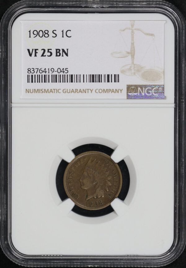 Obverse of this 1908-S Indian Cent NGC VF-25 BN