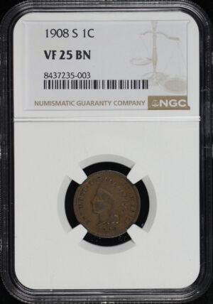 Obverse of this 1908-S Indian Cent NGC VF-25 BN