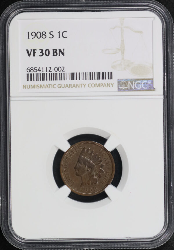 Obverse of this 1908-S Indian Cent NGC VF-30 BN