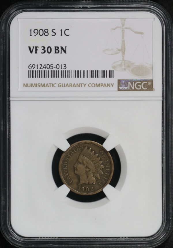 Obverse of this 1908-S Indian Cent NGC VF-30 BN