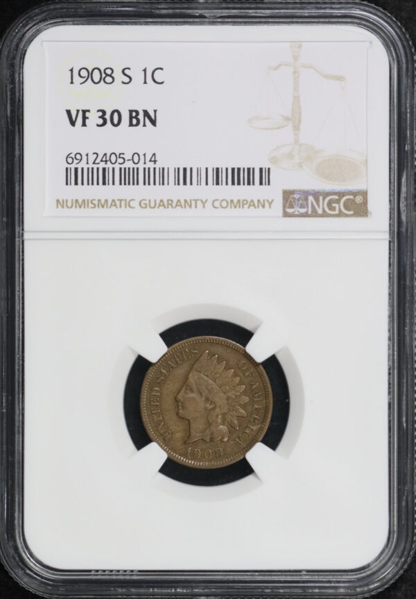 Obverse of this 1908-S Indian Cent NGC VF-30 BN