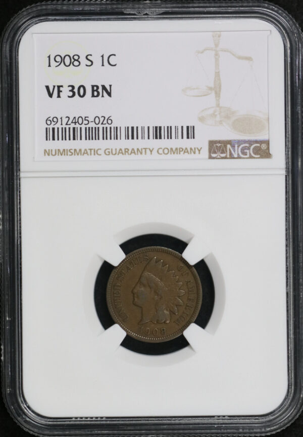 Obverse of this 1908-S Indian Cent NGC VF-30 BN