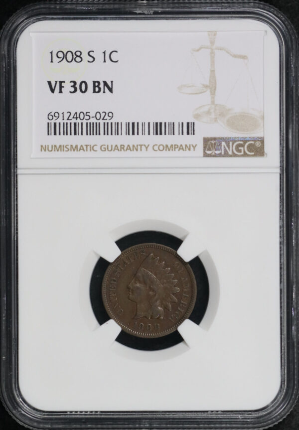 Obverse of this 1908-S Indian Cent NGC VF-30 BN