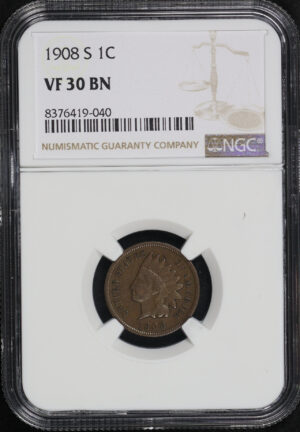Obverse of this 1908-S Indian Cent NGC VF-30 BN