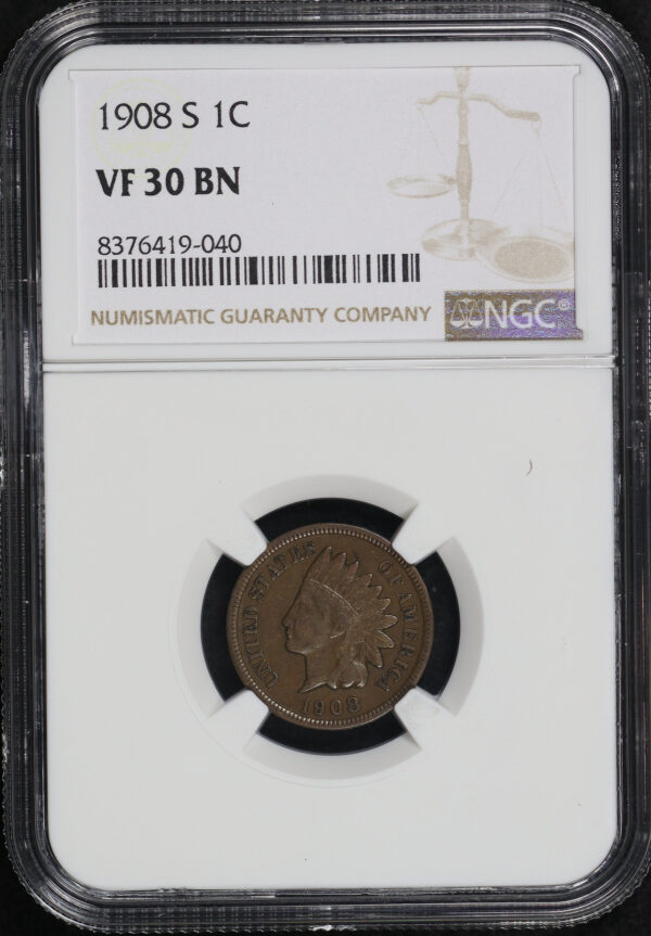 Obverse of this 1908-S Indian Cent NGC VF-30 BN