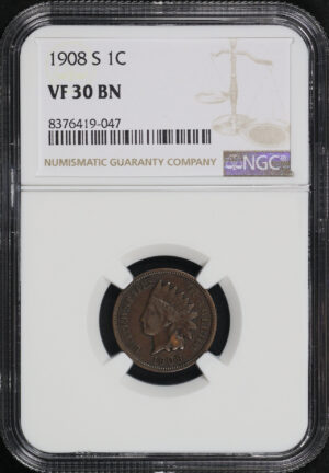 Obverse of this 1908-S Indian Cent NGC VF-30 BN