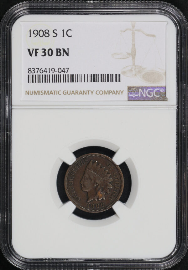 Obverse of this 1908-S Indian Cent NGC VF-30 BN