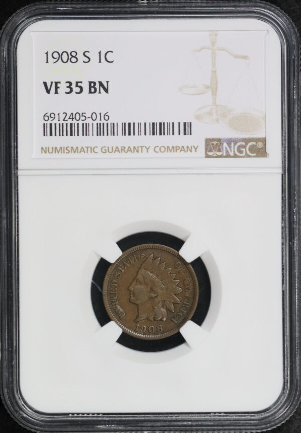Obverse of this 1908-S Indian Cent NGC VF-35 BN