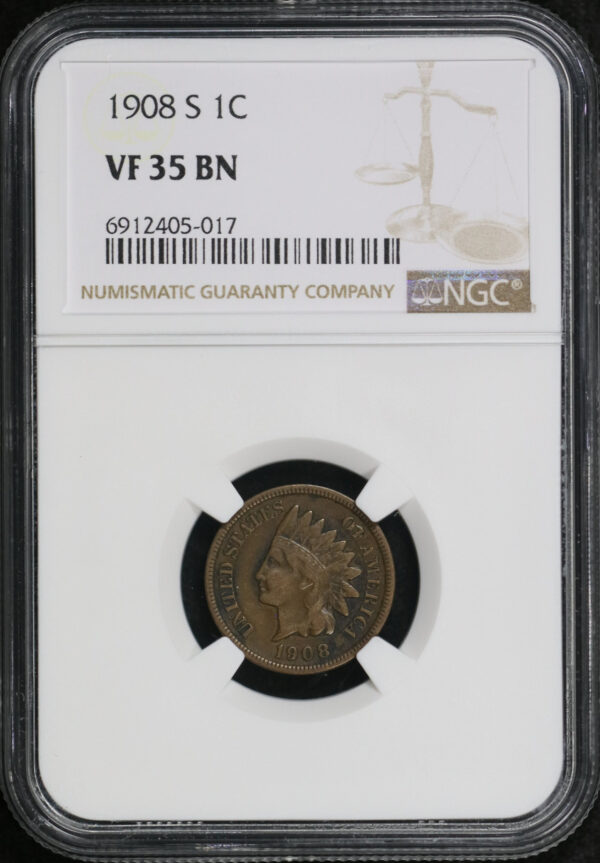 Obverse of this 1908-S Indian Cent NGC VF-35 BN