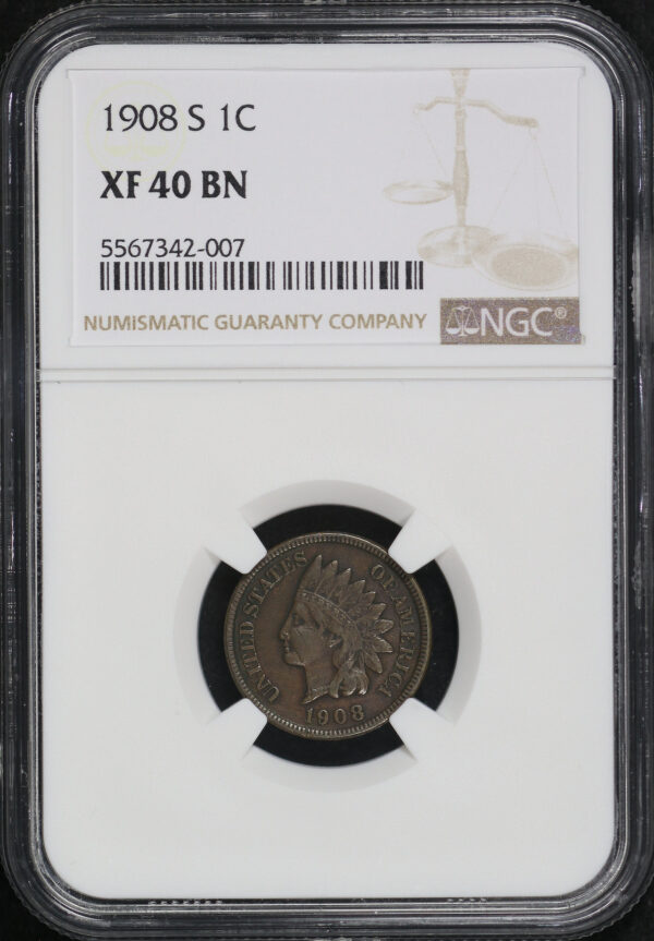 Obverse of this 1908-S Indian Cent NGC XF-40 BN