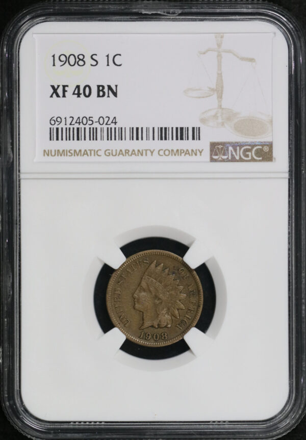 Obverse of this 1908-S Indian Cent NGC XF-40 BN