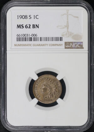 Obverse of this 1908-S Indian Cent NGC MS-62 BN