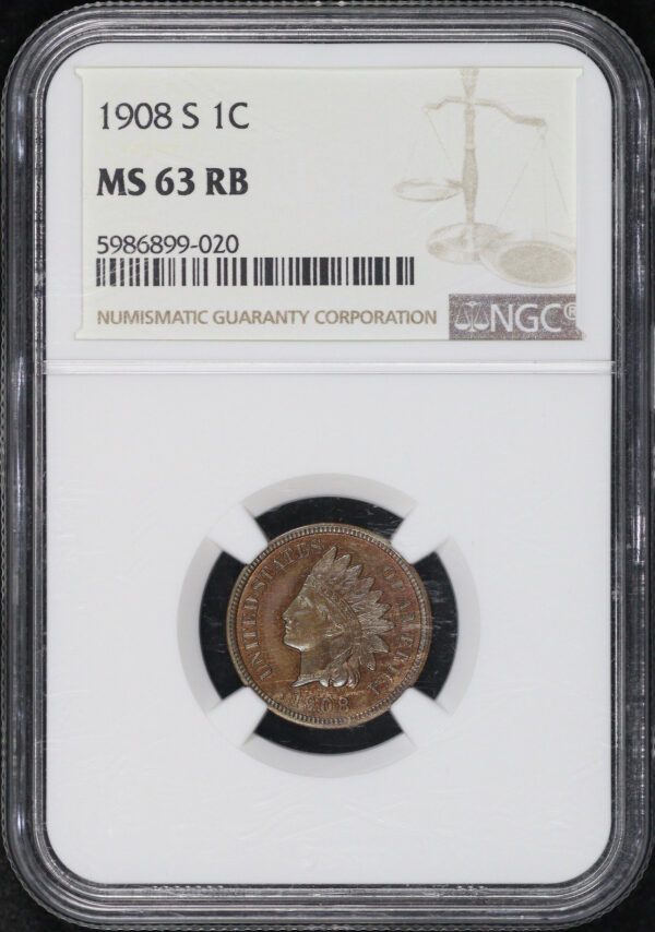 Obverse of this 1908-S Indian Cent NGC MS-63 RB