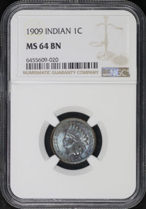 Obverse of this 1909 Indian Head Cent NGC MS-64 BN – Blueberry Toning!