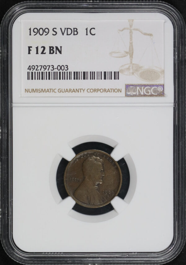 Obverse of this 1909-S VDB Lincoln Cent Wheat Reverse NGC F-12 BN