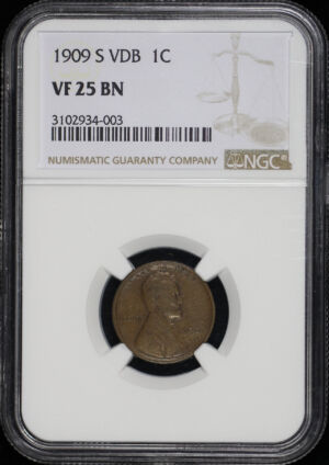Obverse of this 1909-S VDB Lincoln Cent Wheat Reverse NGC VF-25 BN