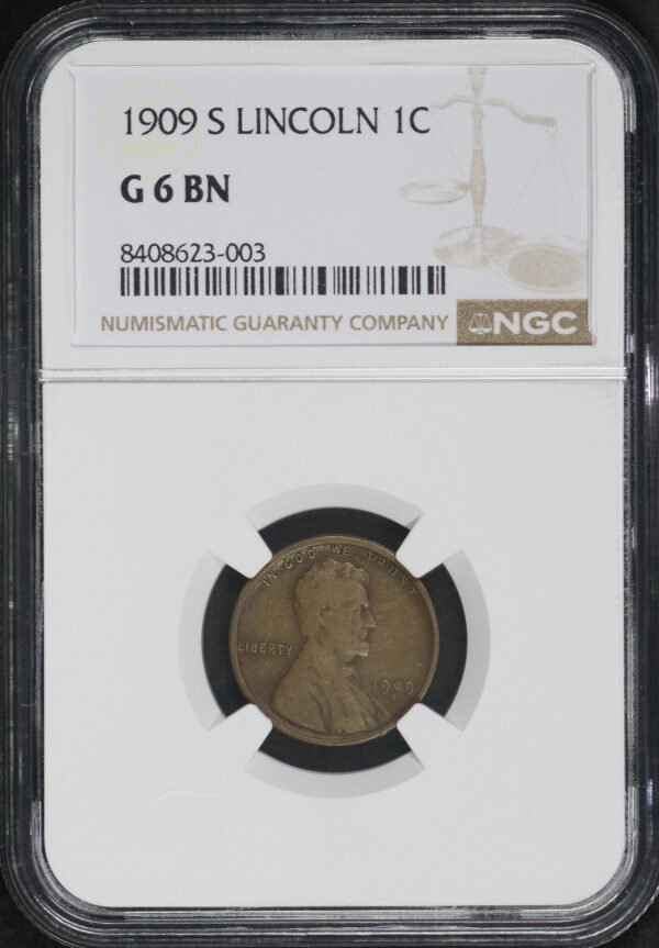 Obverse of this 1909-S Lincoln Cent Wheat Reverse NGC G-6 BN