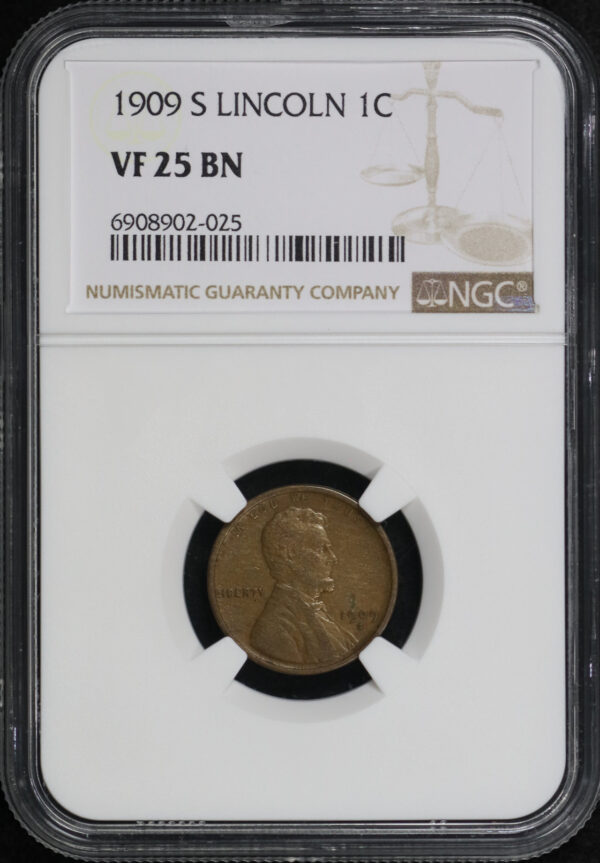 Obverse of this 1909-S Lincoln Cent Wheat Reverse NGC VF-25 BN