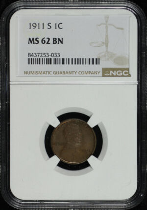 Obverse of this 1911-S Lincoln Cent Wheat Reverse NGC MS-62 BN