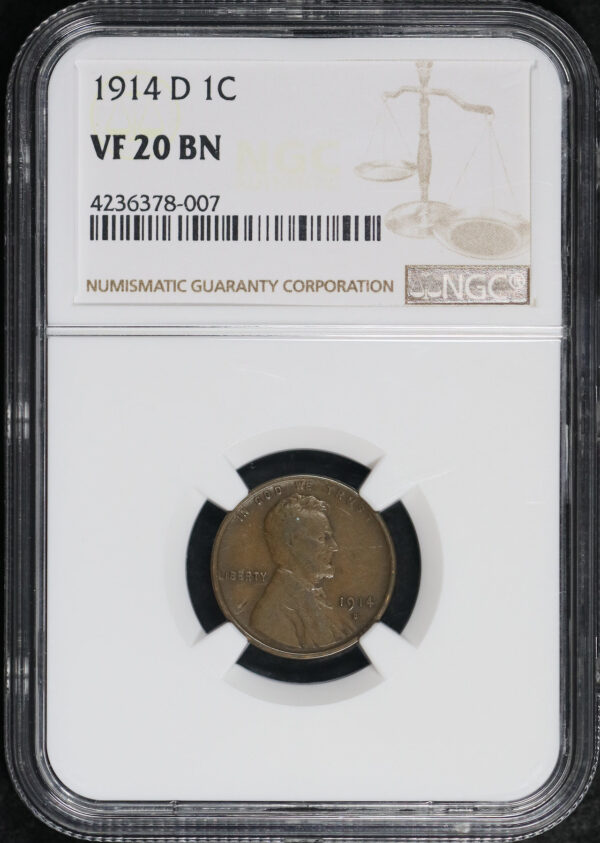 Obverse of this 1914-D Lincoln Cent Wheat Reverse NGC VF-20 BN