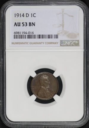 Obverse of this 1914-D Lincoln Cent Wheat Reverse NGC AU-53 BN