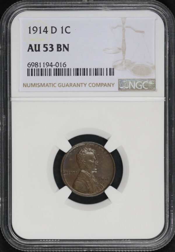 Obverse of this 1914-D Lincoln Cent Wheat Reverse NGC AU-53 BN