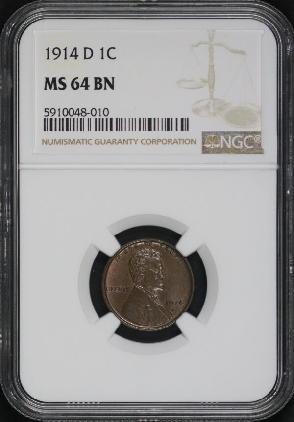Obverse of this 1914-D Lincoln Cent Wheat Reverse NGC MS-64 BN