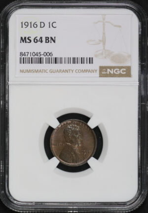 Obverse of this 1916-D Lincoln Cent Wheat Reverse NGC MS-64 BN