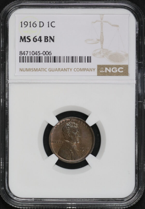 Obverse of this 1916-D Lincoln Cent Wheat Reverse NGC MS-64 BN