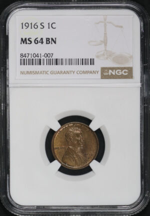 Obverse of this 1916-S Lincoln Cent Wheat Reverse NGC MS-64 BN